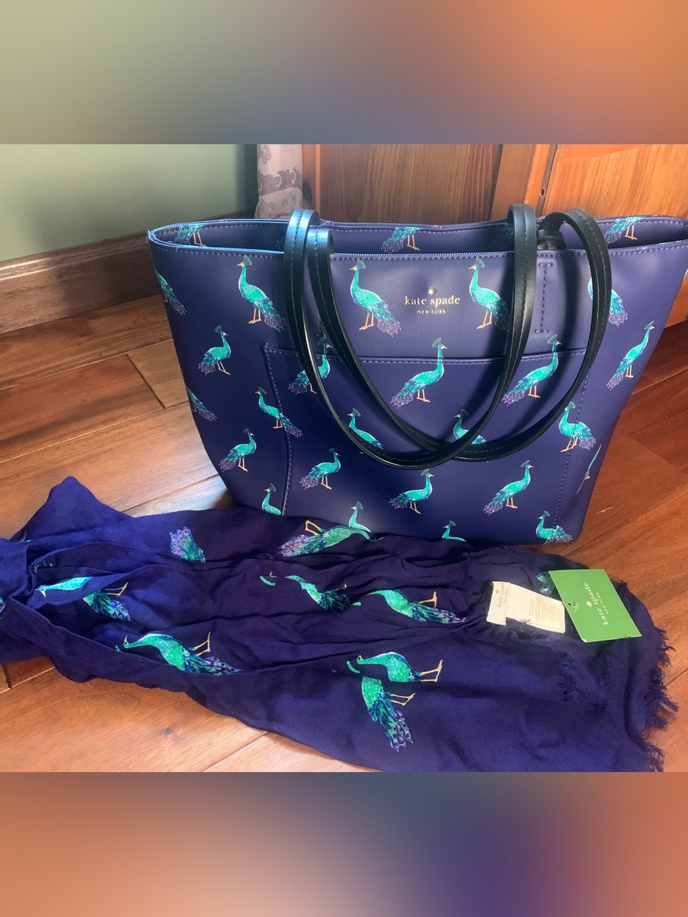 kate spade Peacock Print Navy Tote and scarf set